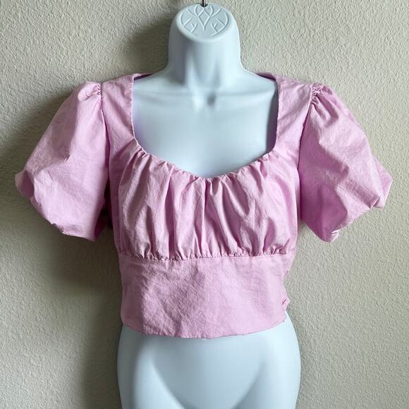 Skies Are Blue Tops - Skies Are Blue Pink Poplin Bubble Sleeve Crop Top Women's S Cotton Fitted